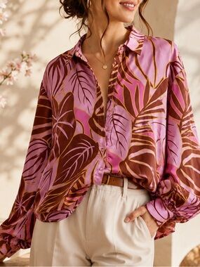 Fate Satin Tropical Leaf Blouse Pink Brown Boho Balloon Sleeve Top Small NWT